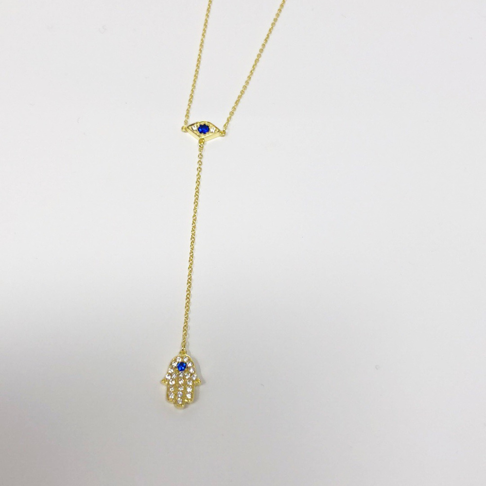 Gold Silver Evil Eye with Dropped Hamsa Necklace - Picture 4 of 7